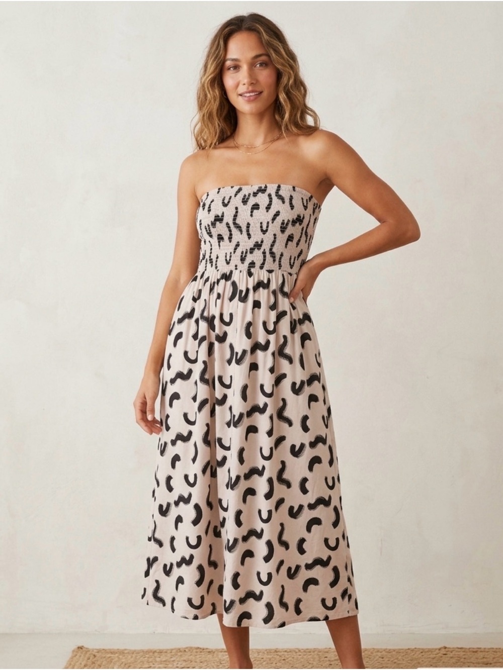 a new day Strapless Smocked Midi Dress in Beige with Black Print